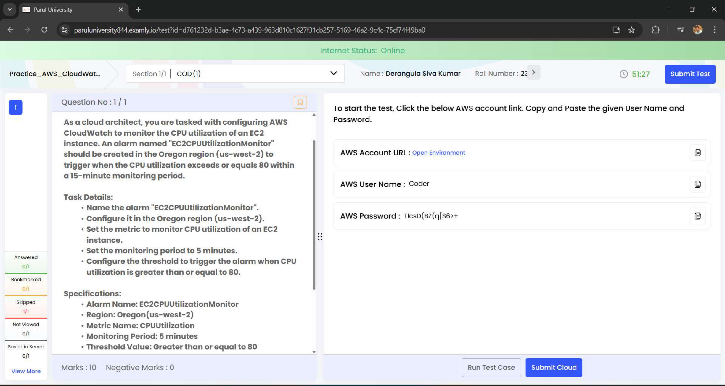 AWS task evidence preview: CloudWatch EC2 CPU Alarm