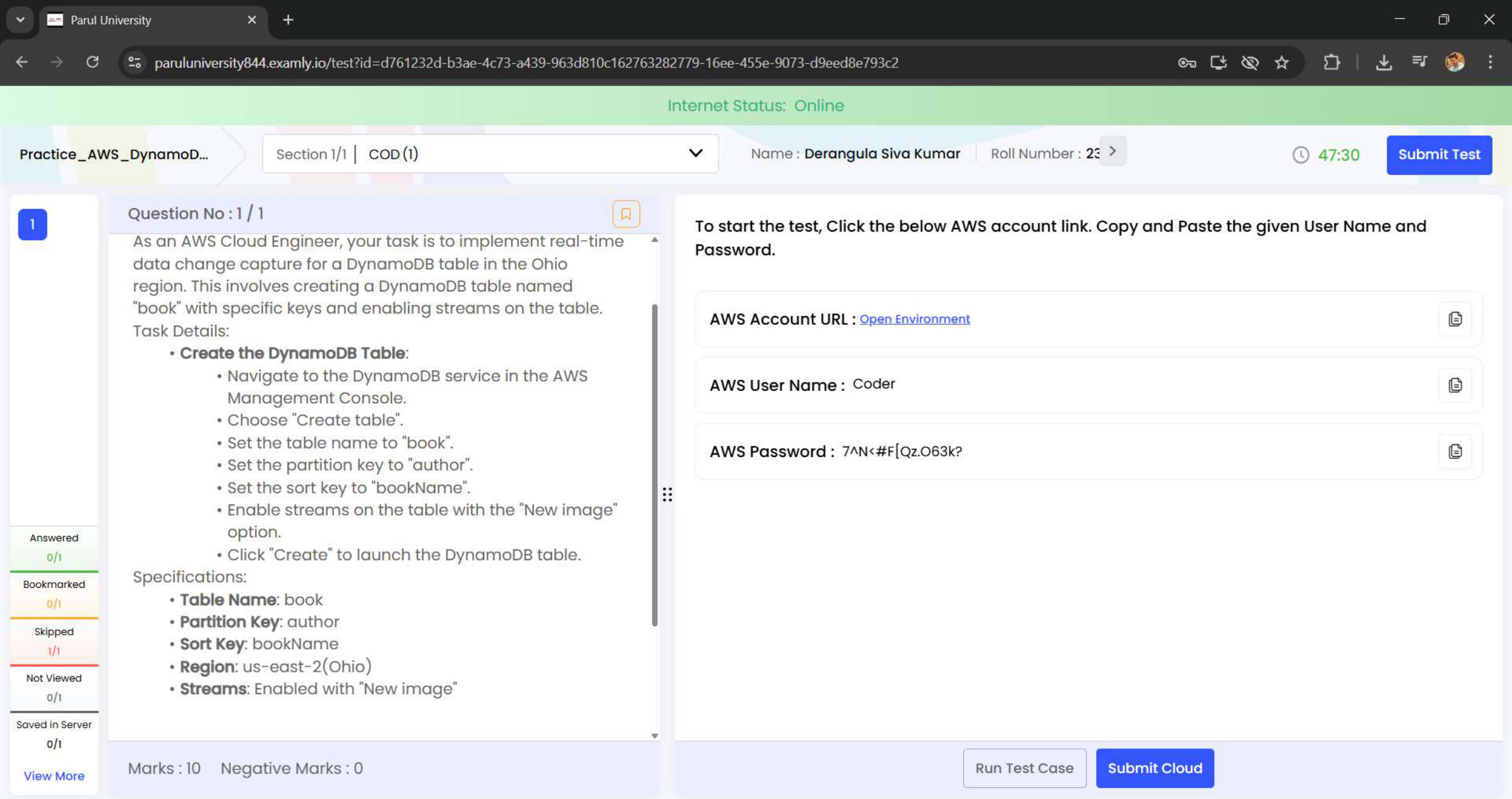 AWS task evidence preview: DynamoDB Table & Streams