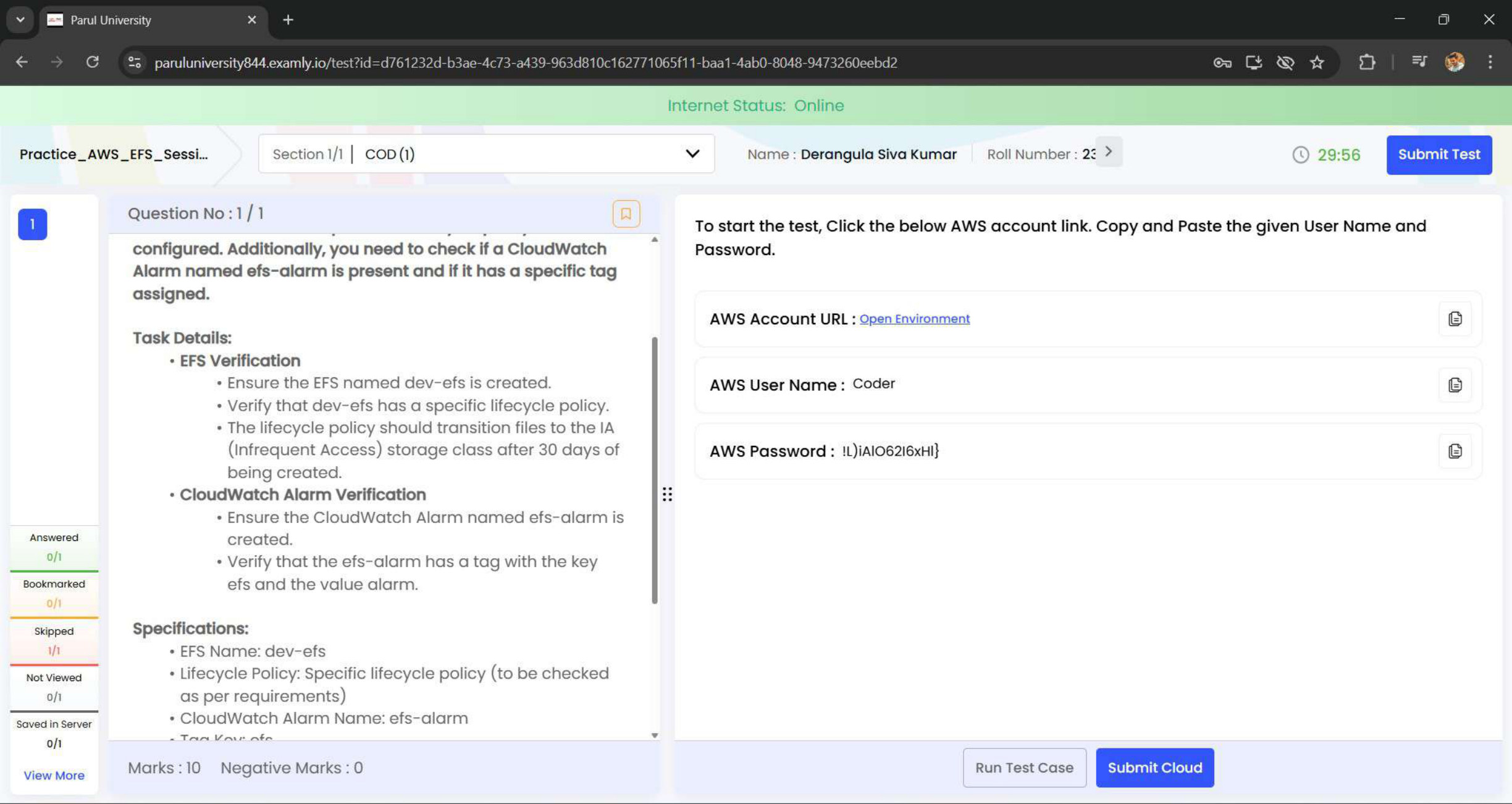 AWS task evidence preview: EFS Lifecycle & CloudWatch Alarm