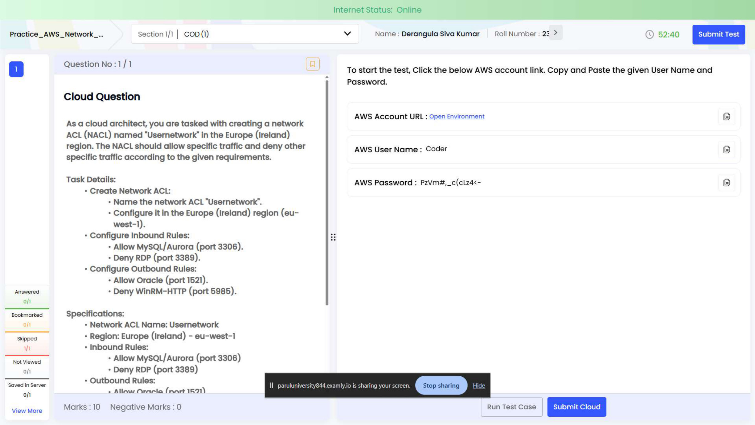 AWS task evidence preview: Network ACLs