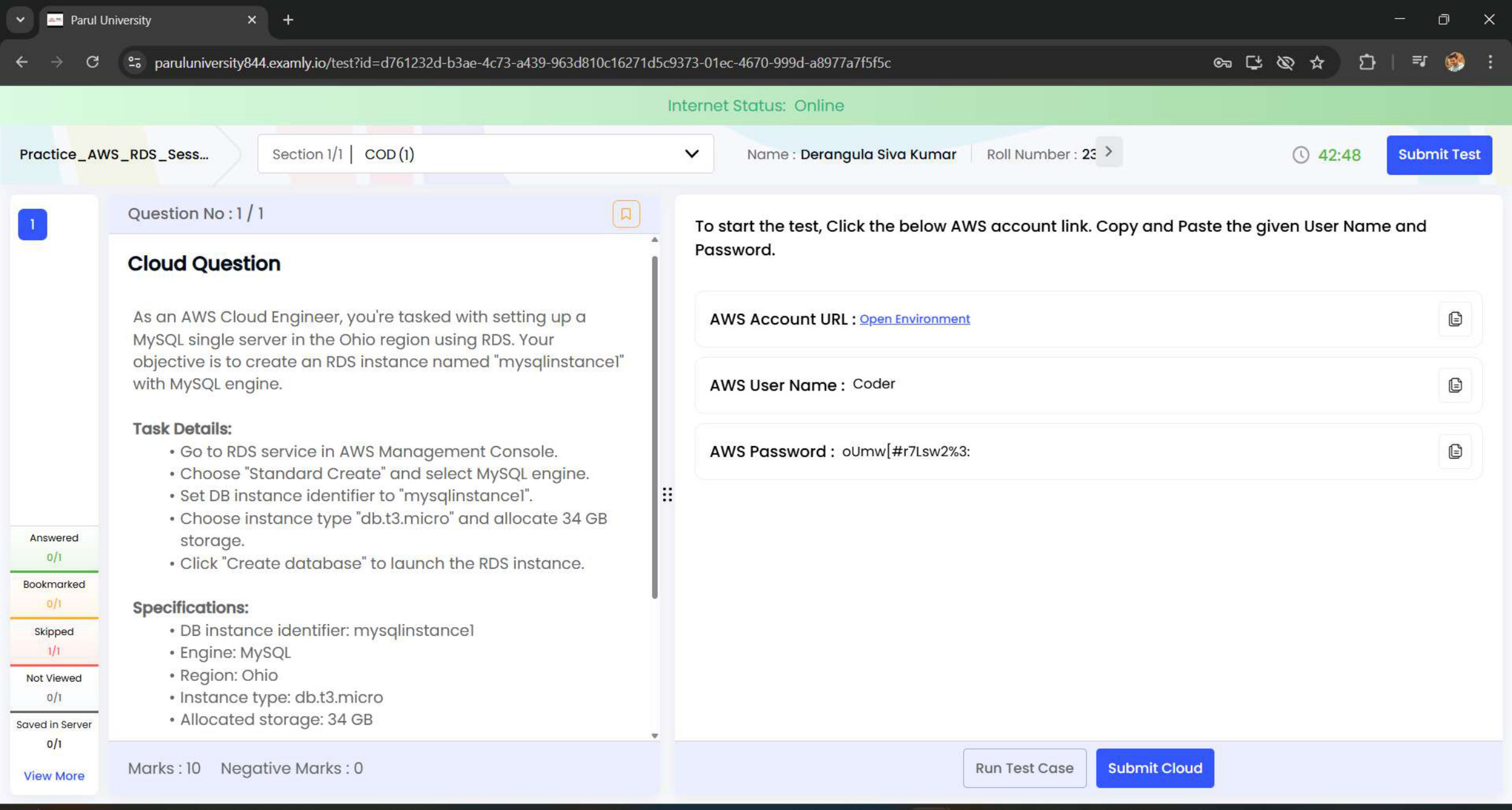 AWS task evidence preview: RDS MySQL Instance