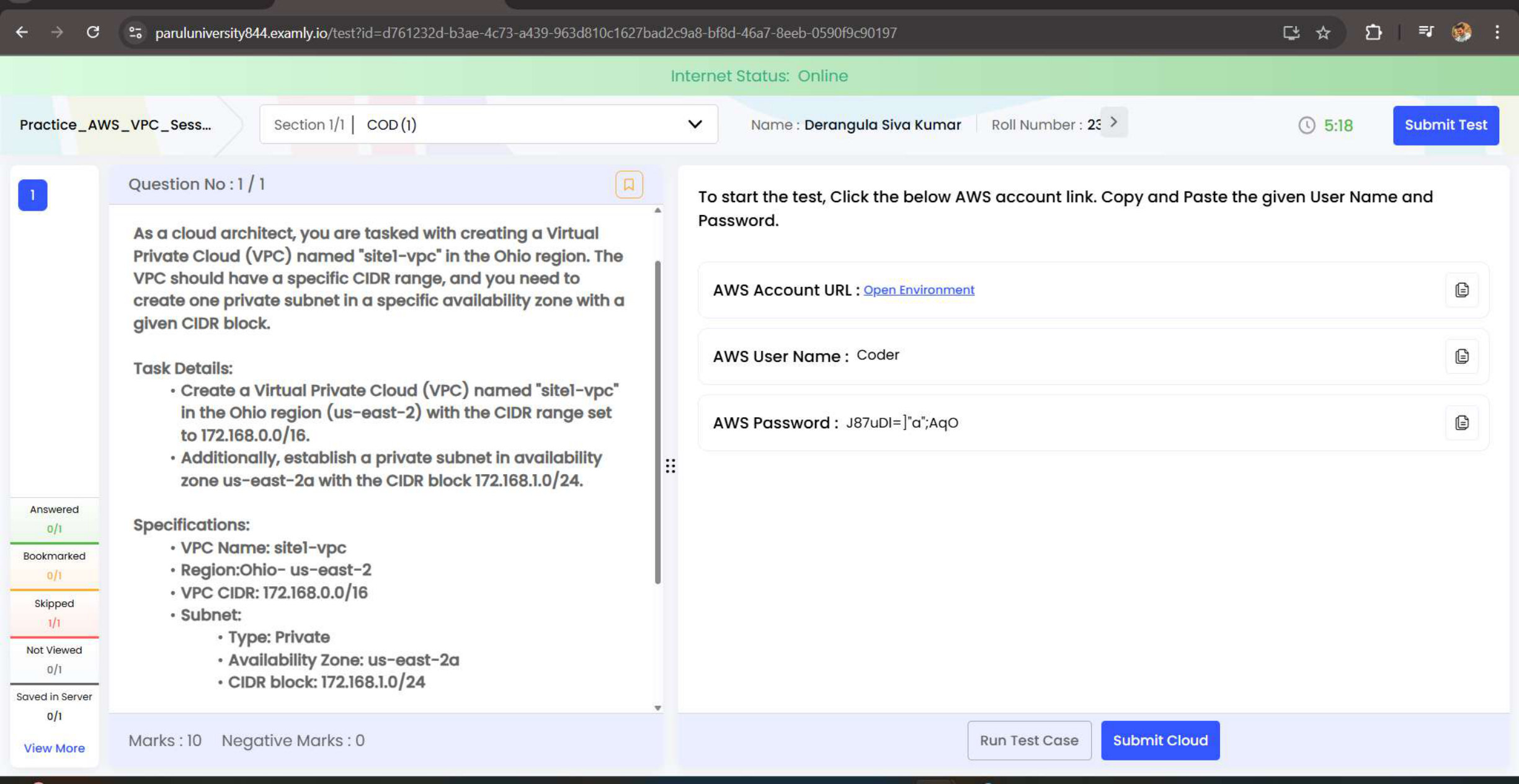 AWS task evidence preview: VPC & Private Subnet
