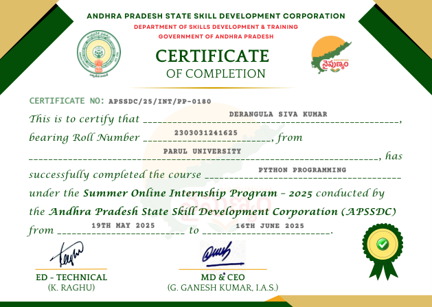 APSSDC Python Programming certificate