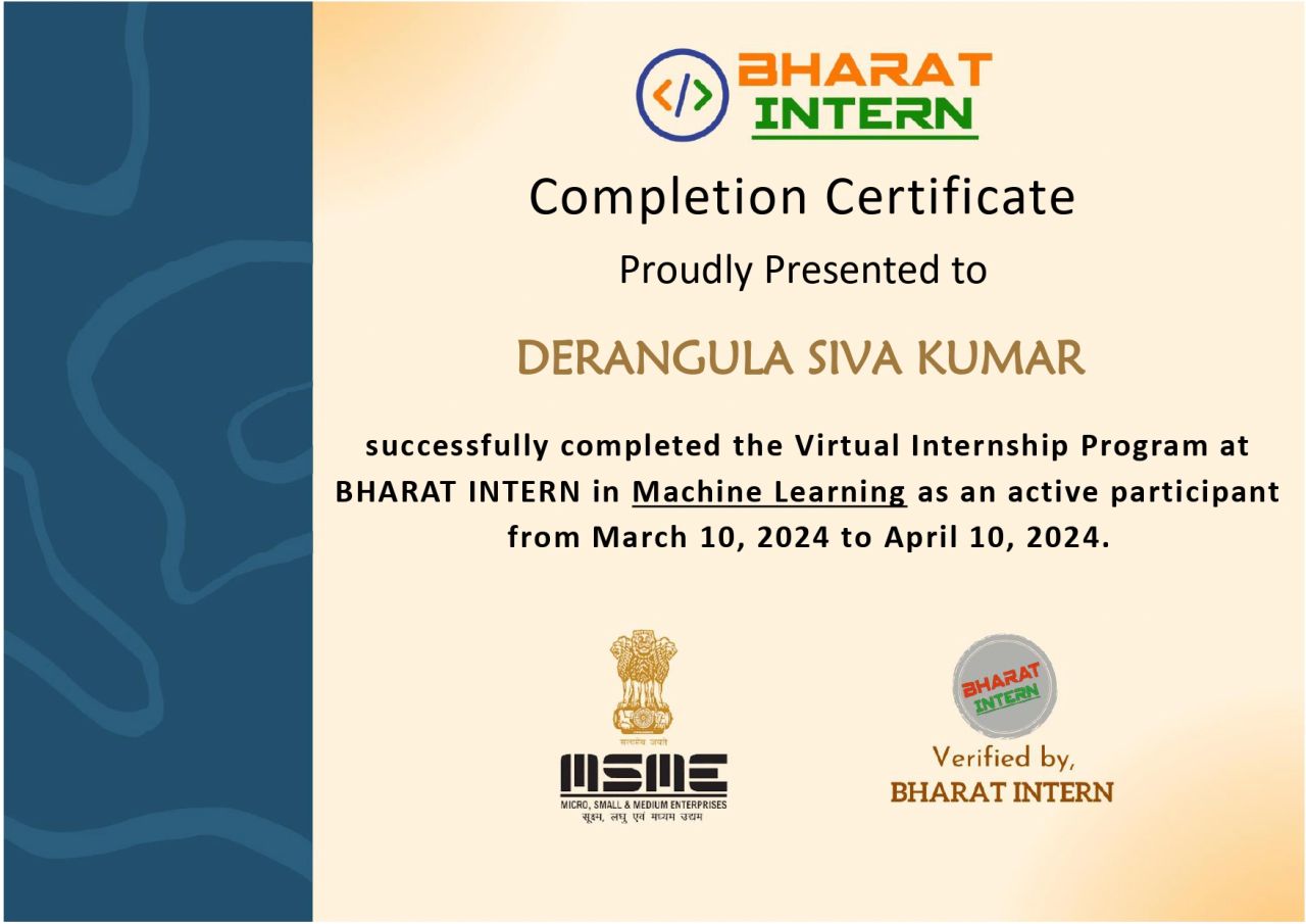 Machine Learning Internship certificate