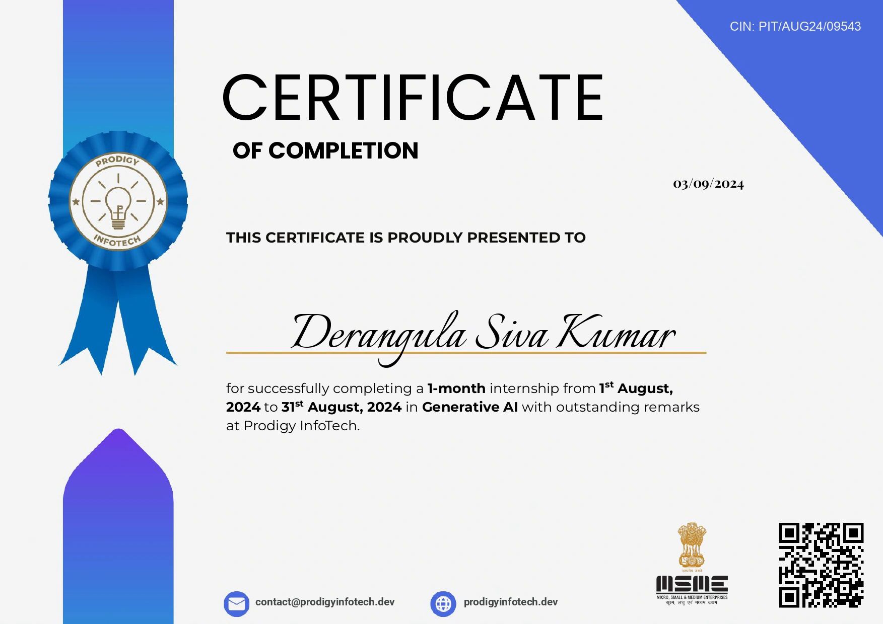 Prodigy InfoTech Generative AI internship certificate