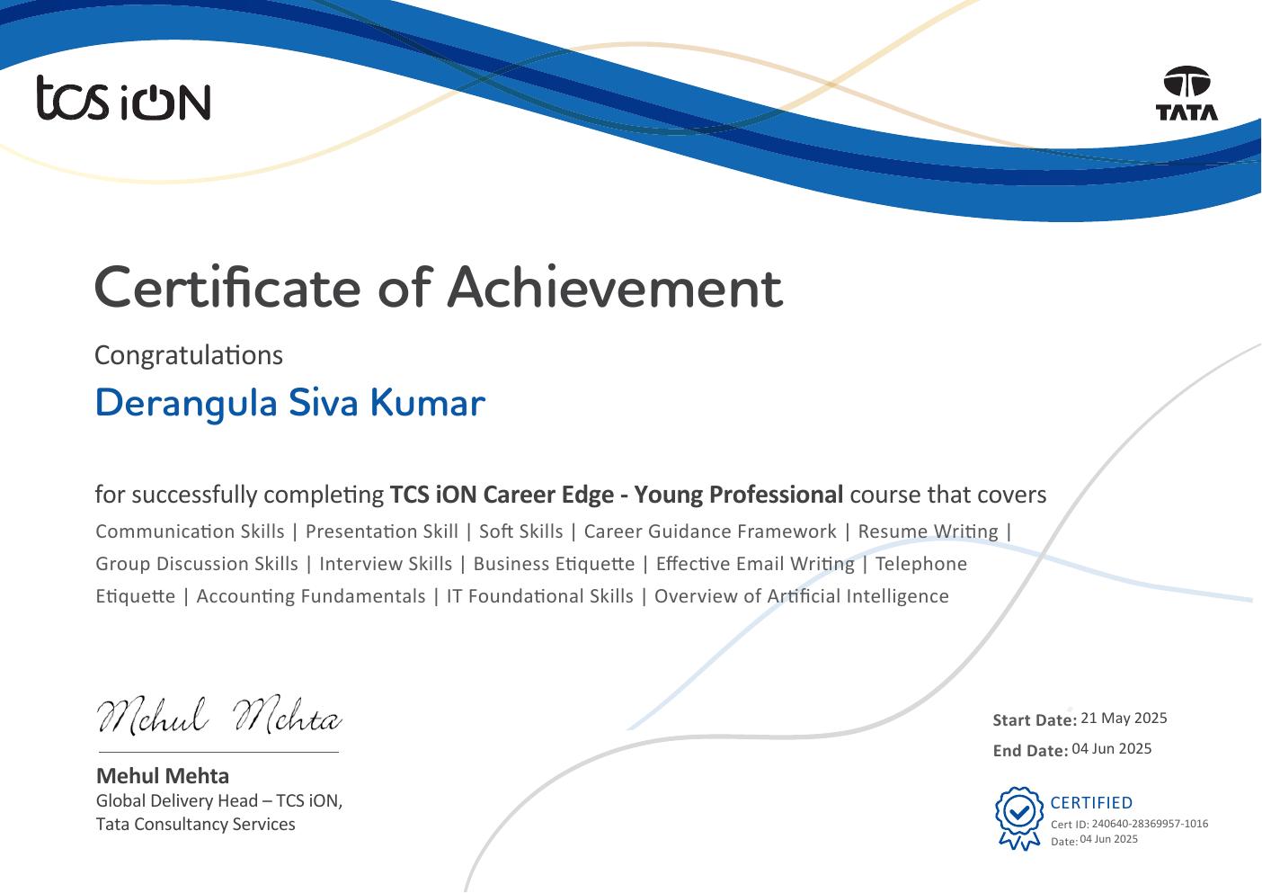 TCS iON Career Edge – Young Professional certificate
